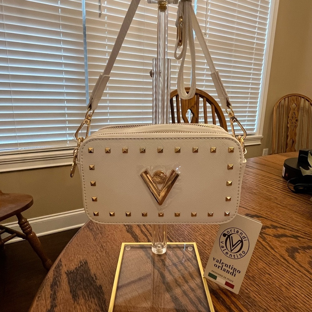 Valentino Orlandi White Crossbody with Gold Accents and Double Zip